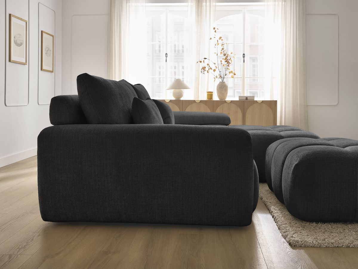 Canapé d'angle fixe IVANE tissu texturé avec pouf