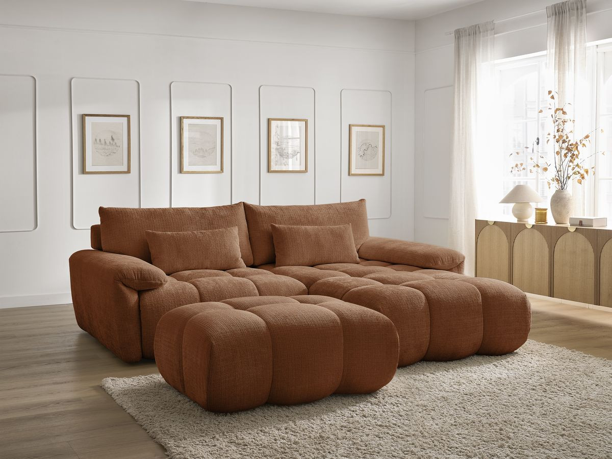 Canapé d'angle fixe IVANE tissu texturé avec pouf