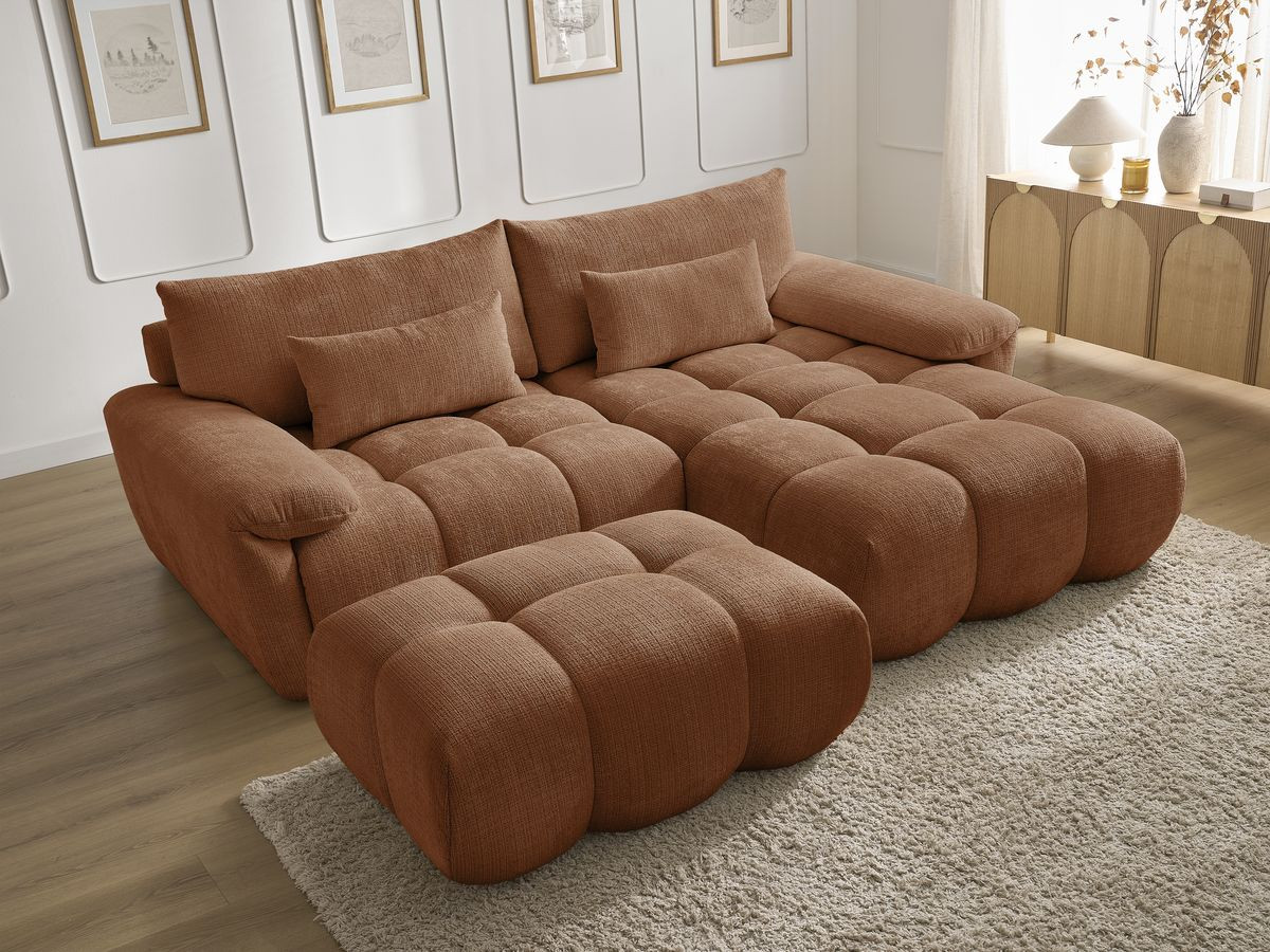 Canapé d'angle fixe IVANE tissu texturé avec pouf