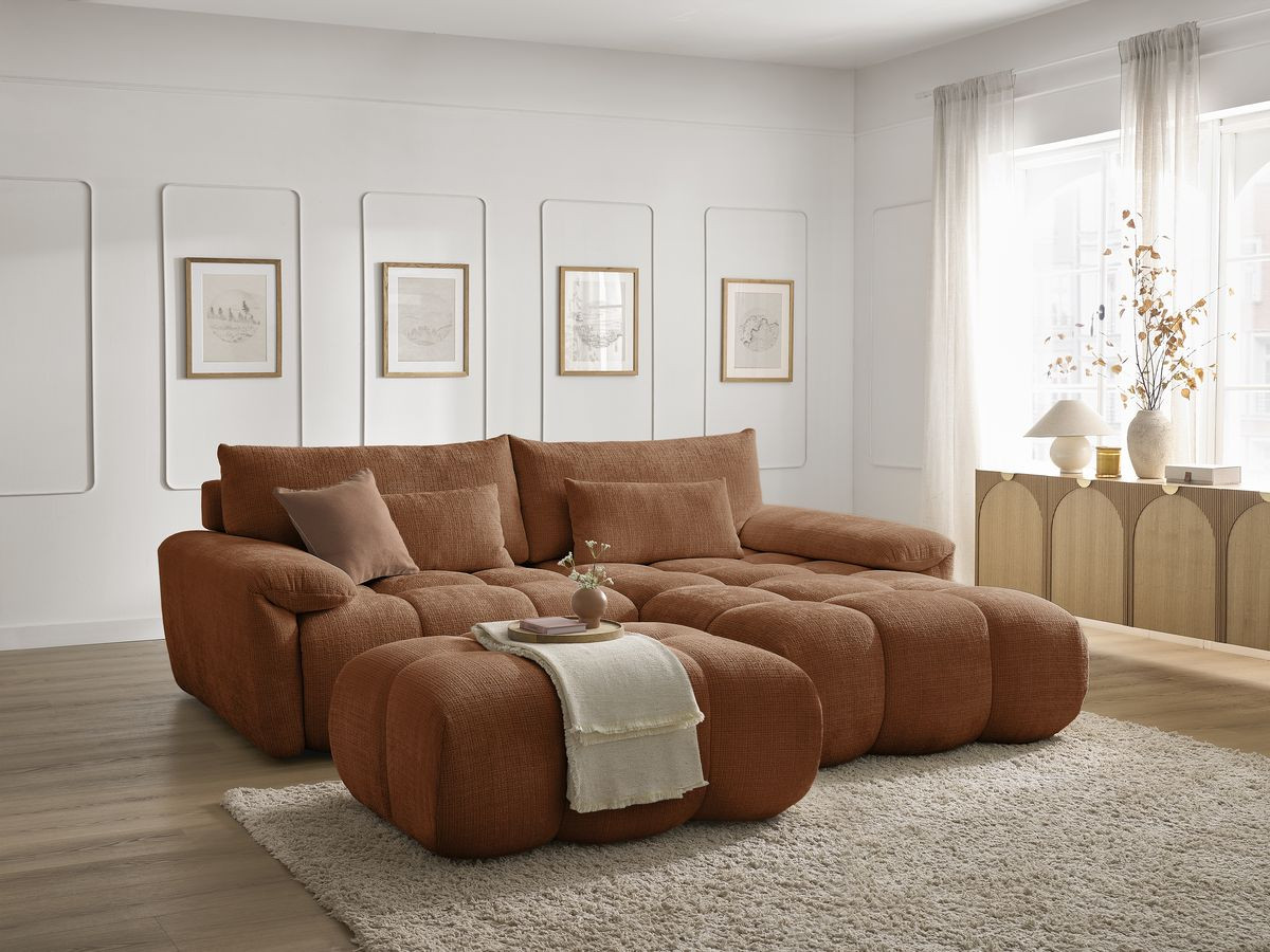 Canapé d'angle fixe IVANE tissu texturé avec pouf