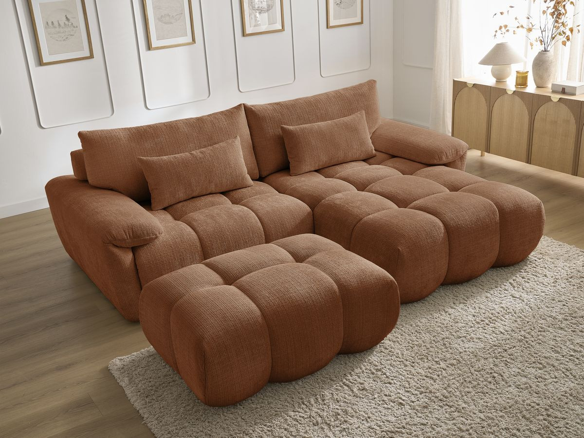 Canapé d'angle fixe IVANE tissu texturé avec pouf