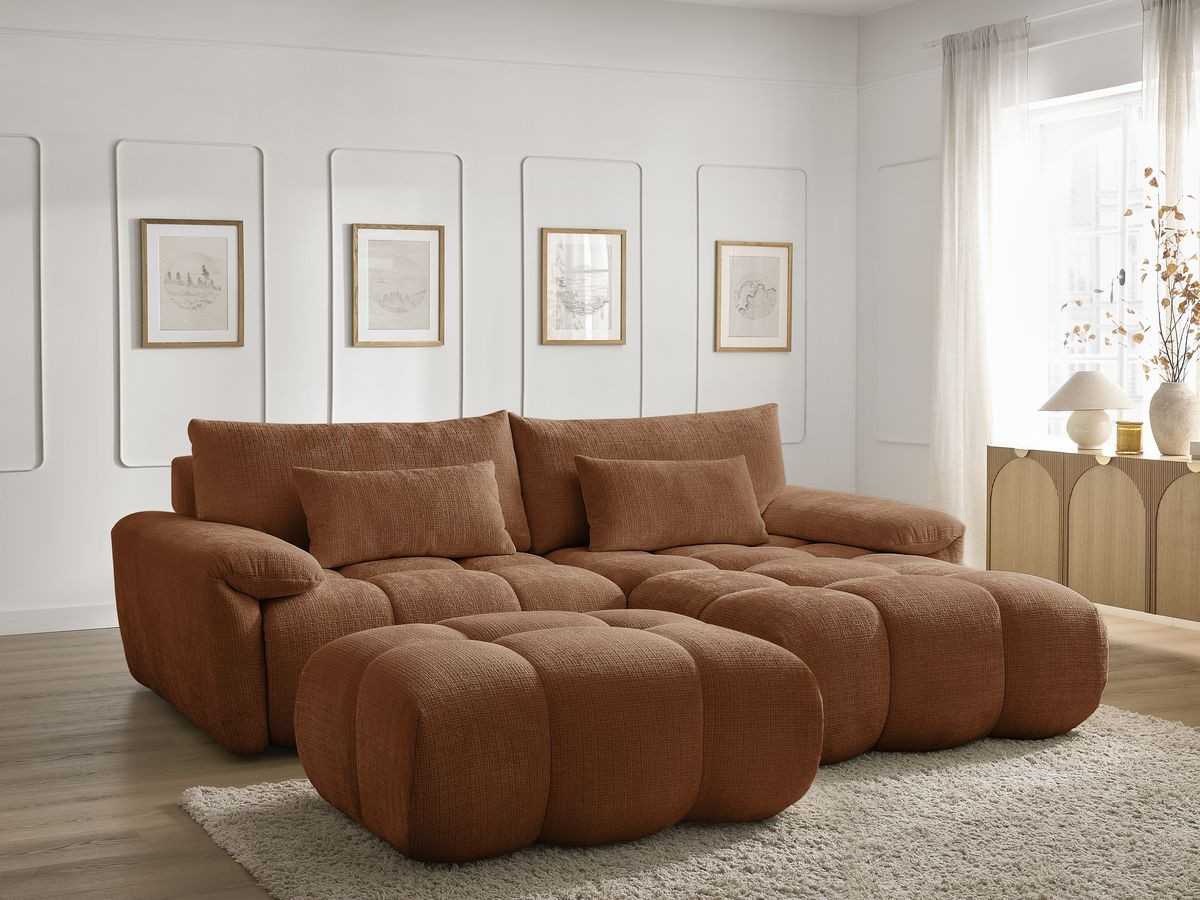 Canapé d'angle fixe IVANE tissu texturé avec pouf