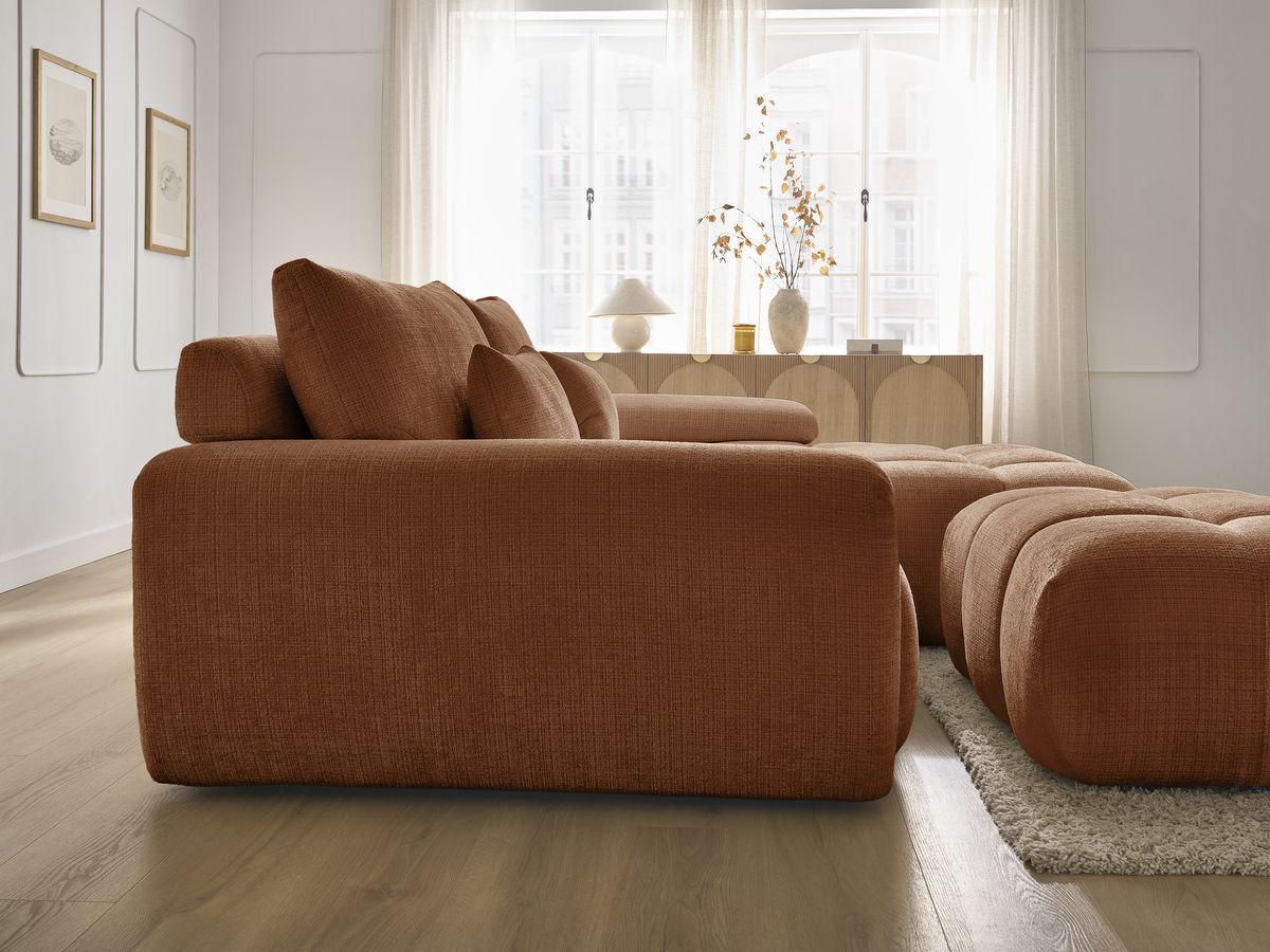Canapé d'angle fixe IVANE tissu texturé avec pouf
