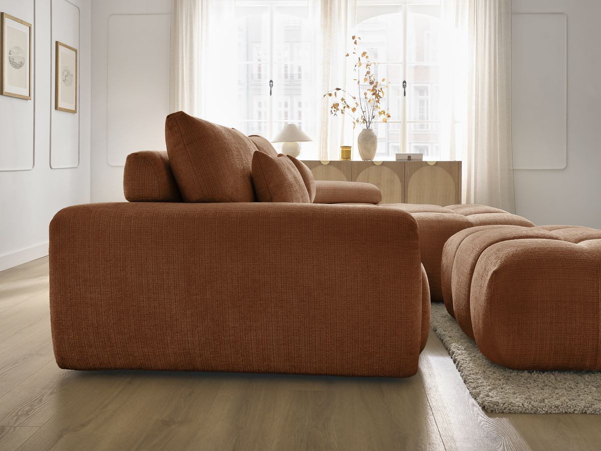 Canapé d'angle fixe IVANE tissu texturé avec pouf