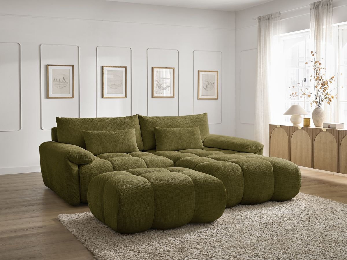 Canapé d'angle fixe IVANE tissu texturé avec pouf