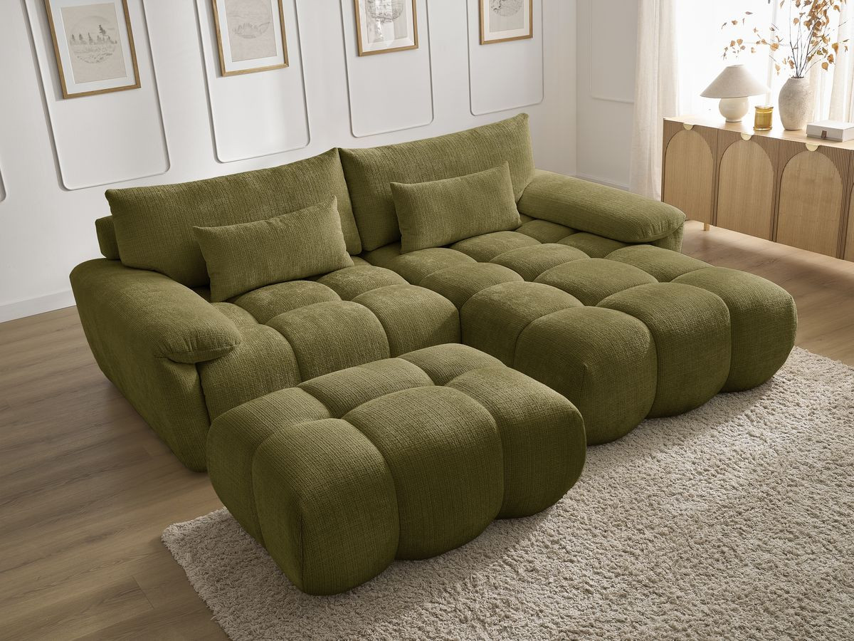 Canapé d'angle fixe IVANE tissu texturé avec pouf