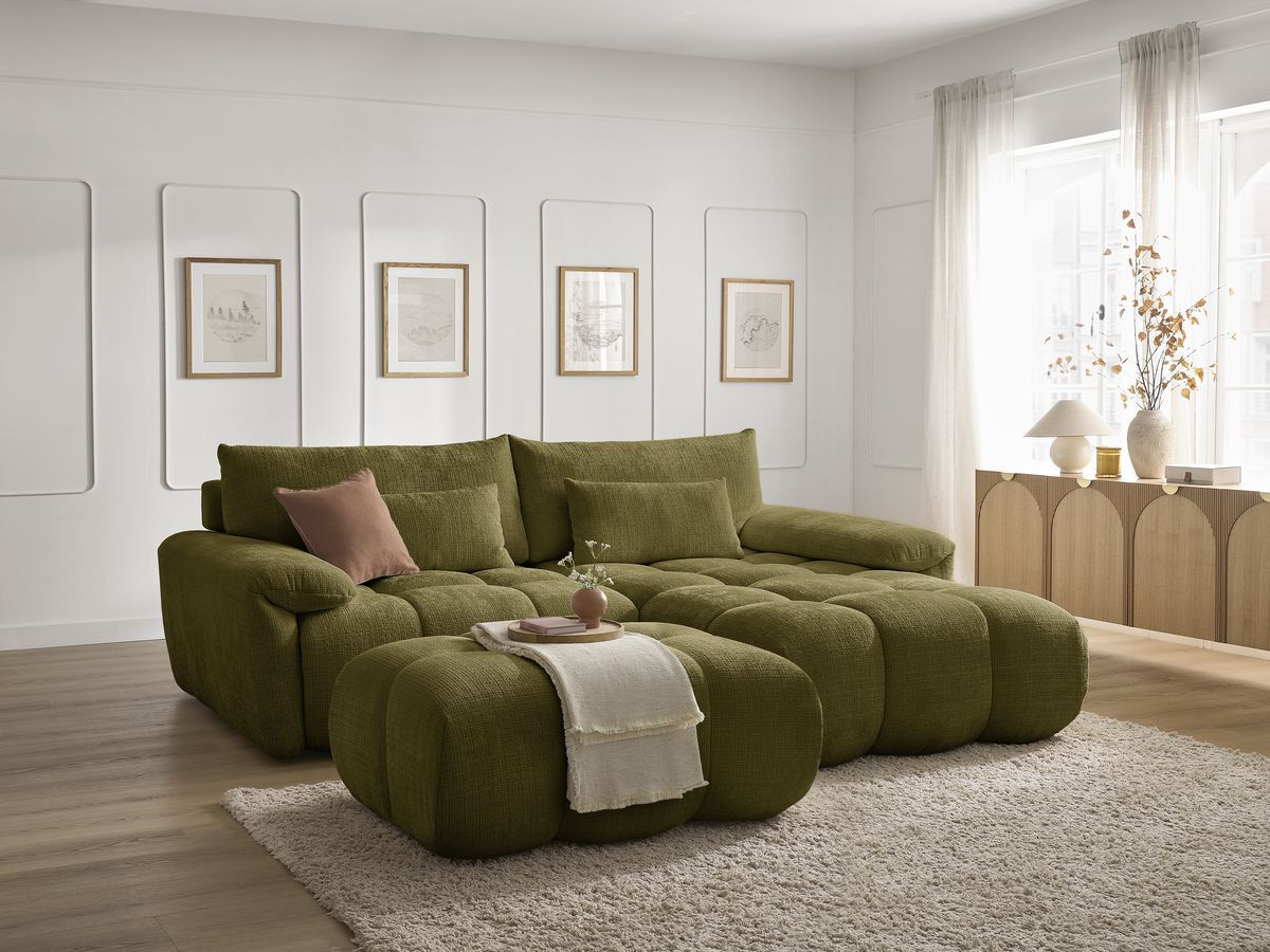 Canapé d'angle fixe IVANE tissu texturé avec pouf