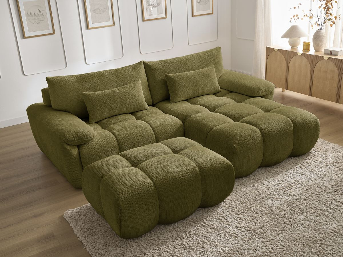 Canapé d'angle fixe IVANE tissu texturé avec pouf