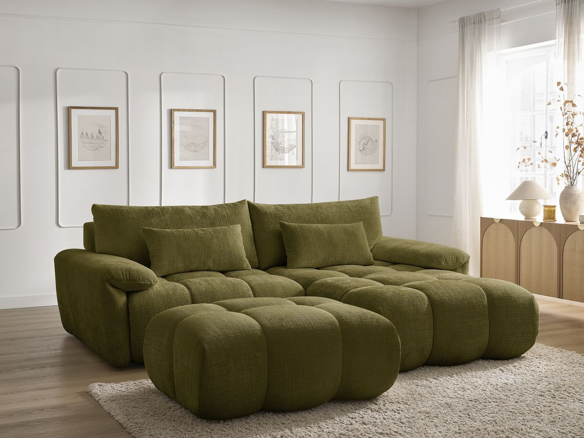 Canapé d'angle fixe IVANE tissu texturé avec pouf