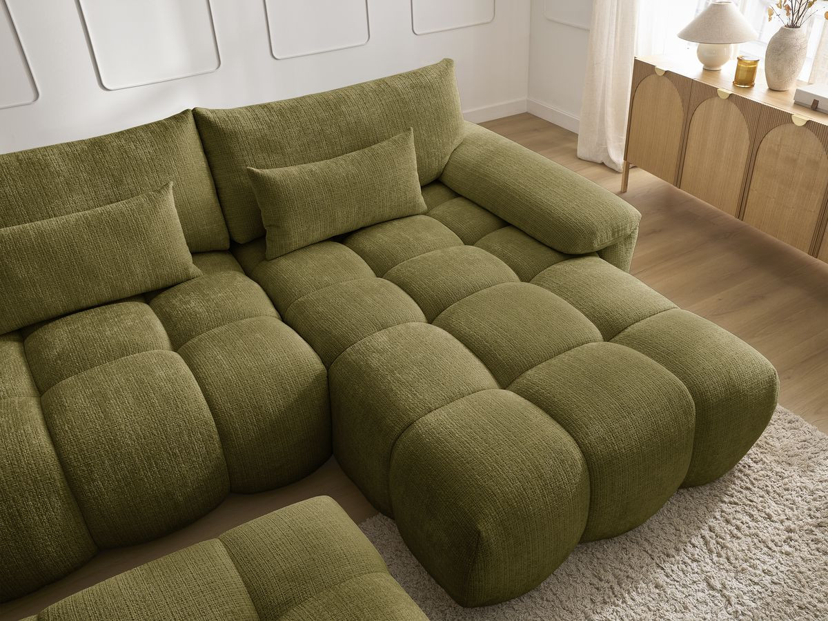 Canapé d'angle fixe IVANE tissu texturé avec pouf