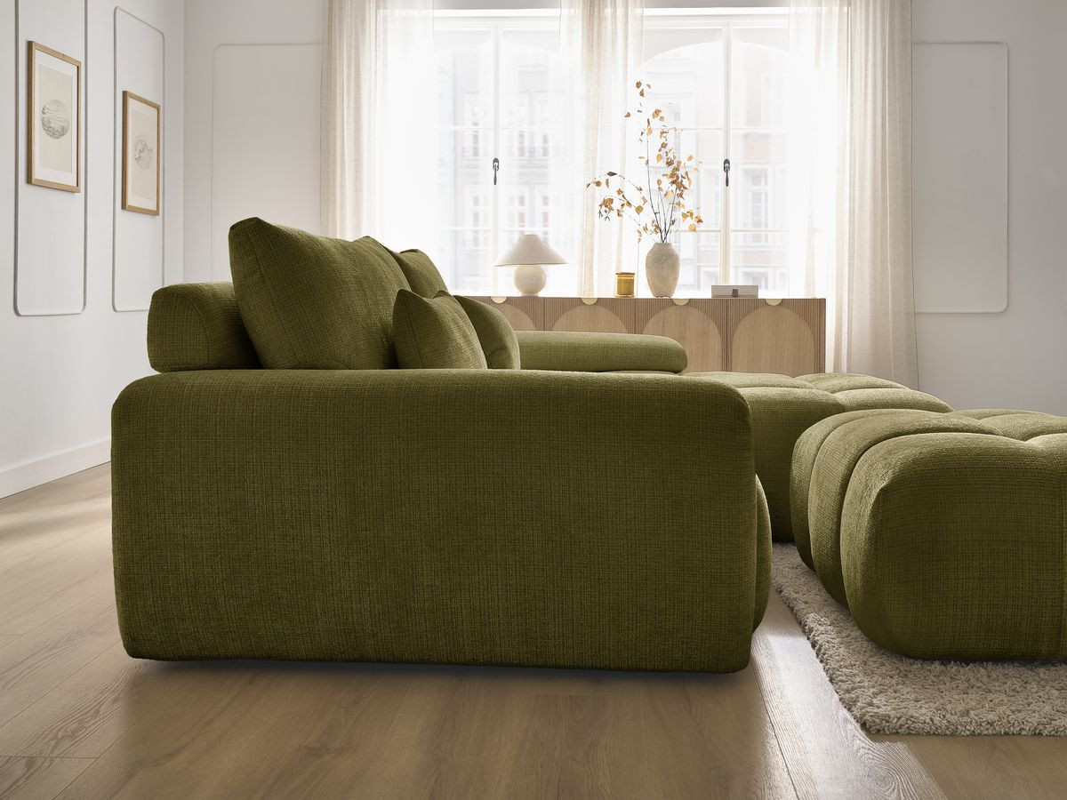 Canapé d'angle fixe IVANE tissu texturé avec pouf