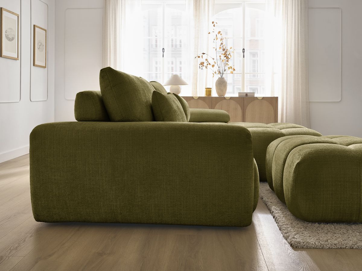 Canapé d'angle fixe IVANE tissu texturé avec pouf