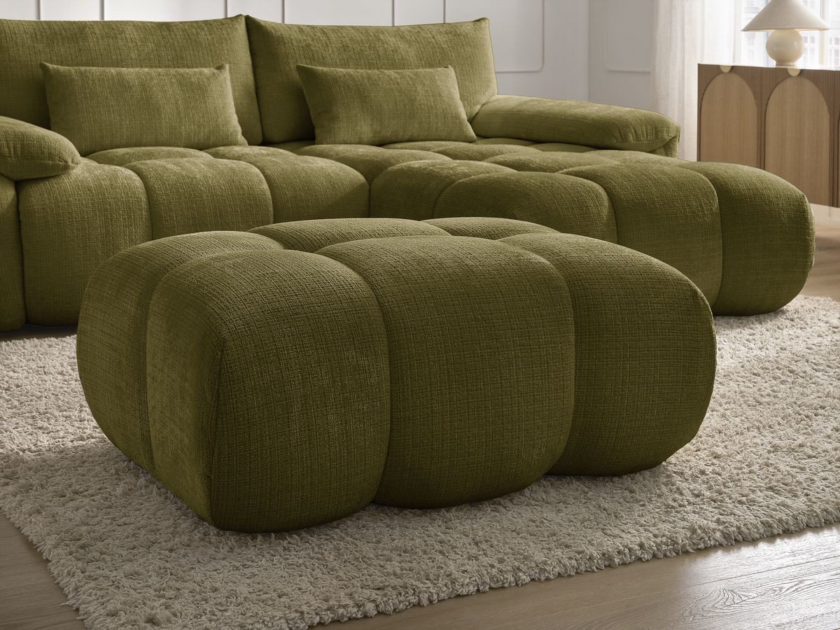 Canapé d'angle fixe IVANE tissu texturé avec pouf