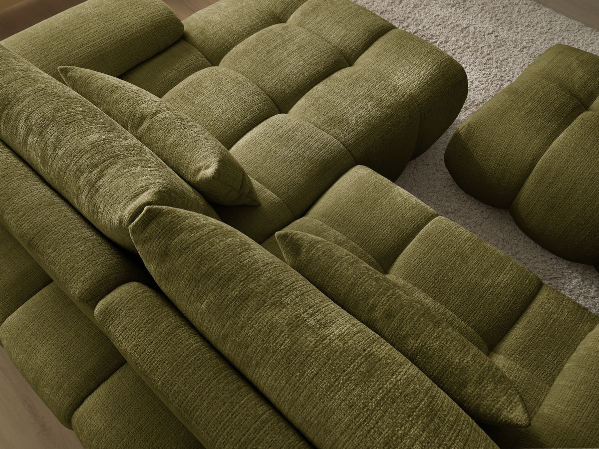 Canapé d'angle fixe IVANE tissu texturé avec pouf