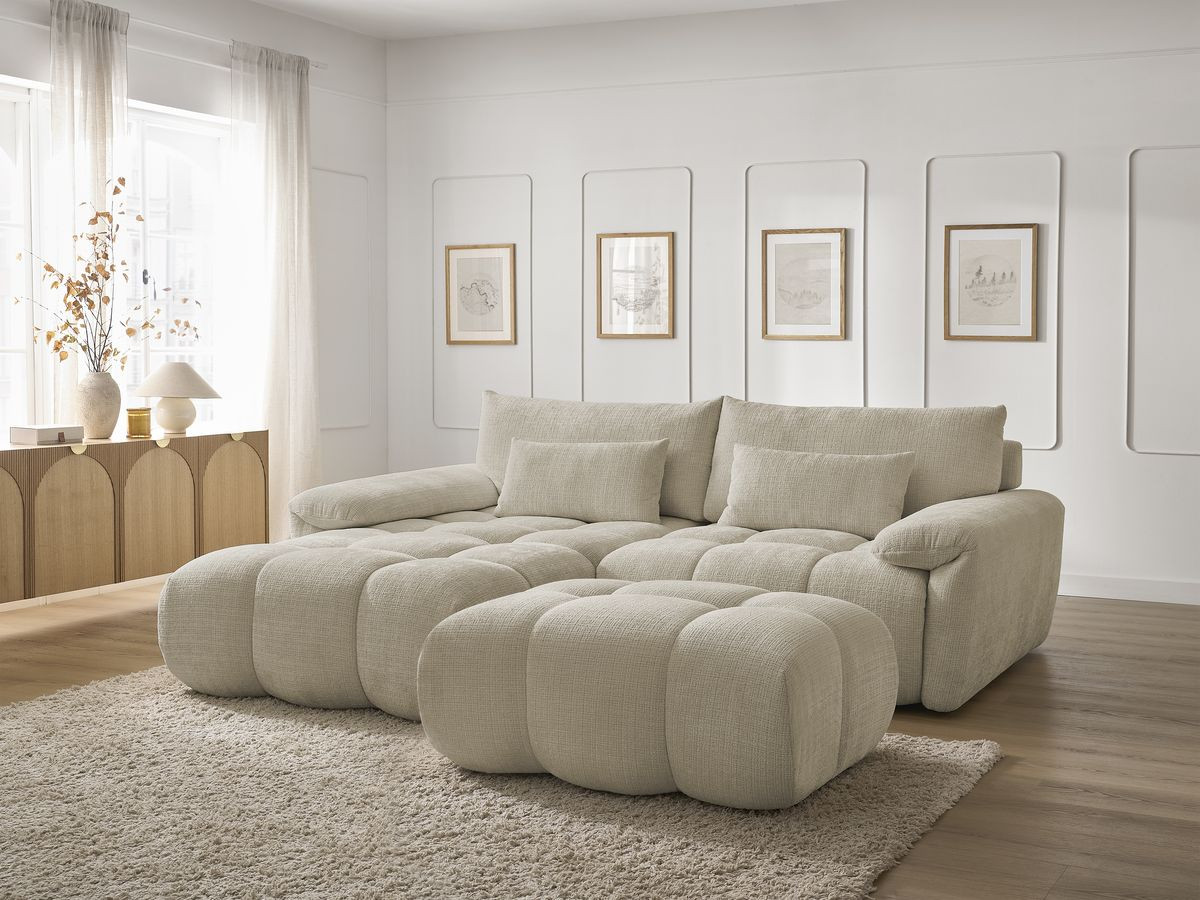 Canapé d'angle fixe IVANE tissu texturé avec pouf