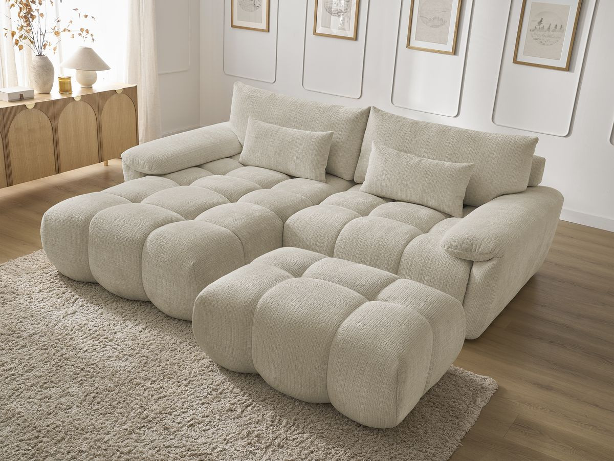 Canapé d'angle fixe IVANE tissu texturé avec pouf