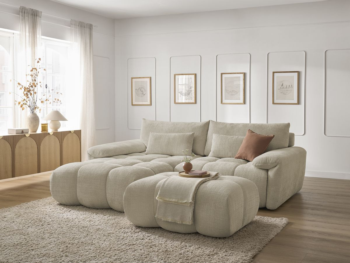 Canapé d'angle fixe IVANE tissu texturé avec pouf