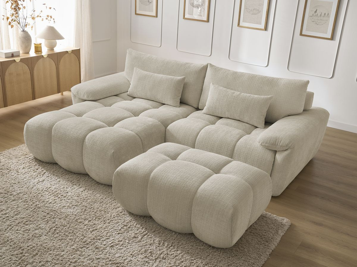 Canapé d'angle fixe IVANE tissu texturé avec pouf