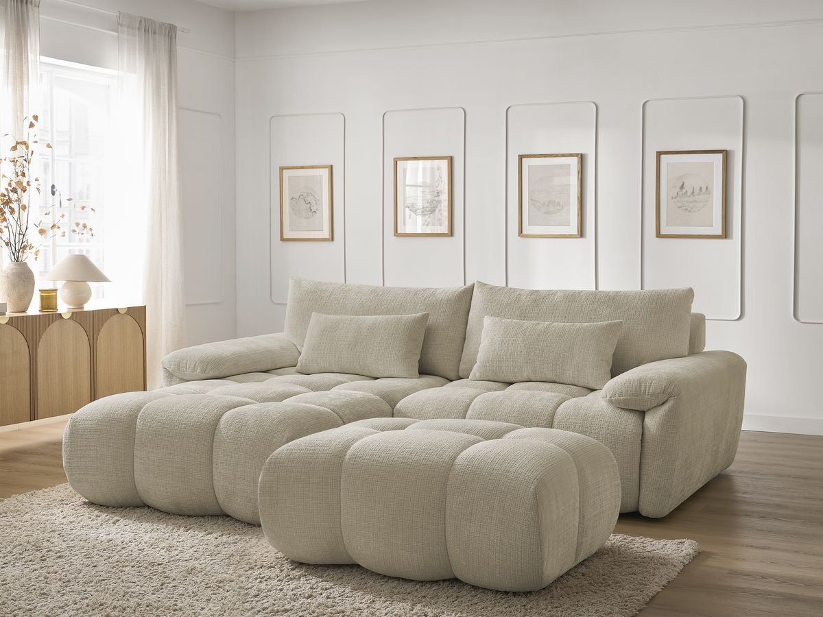 Canapé d'angle fixe IVANE tissu texturé avec pouf