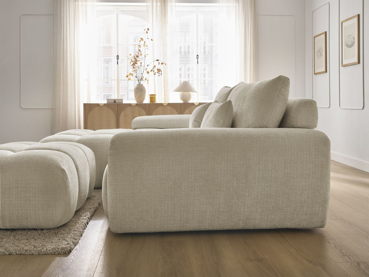 Canapé d'angle fixe IVANE tissu texturé avec pouf