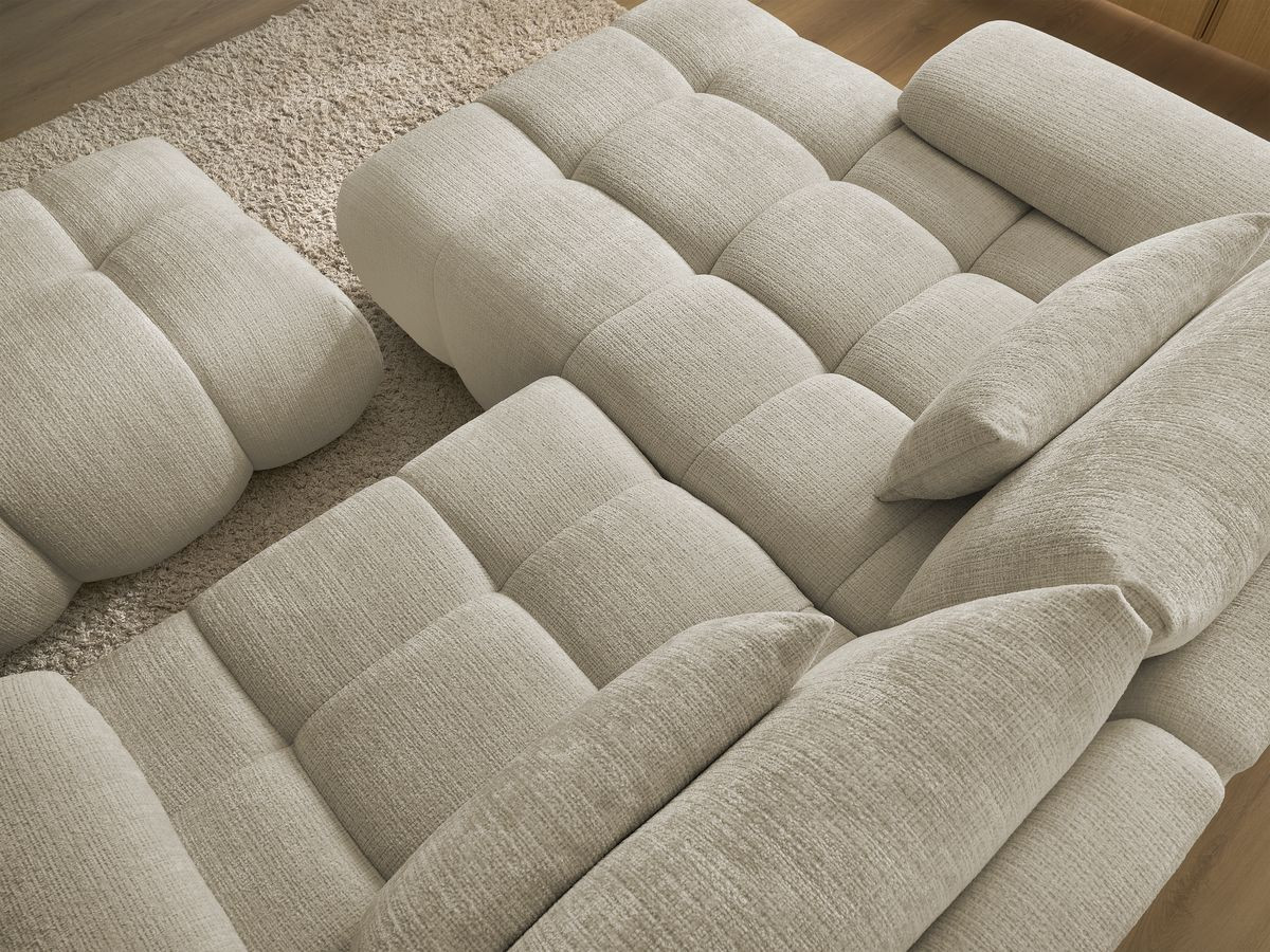 Canapé d'angle fixe IVANE tissu texturé avec pouf