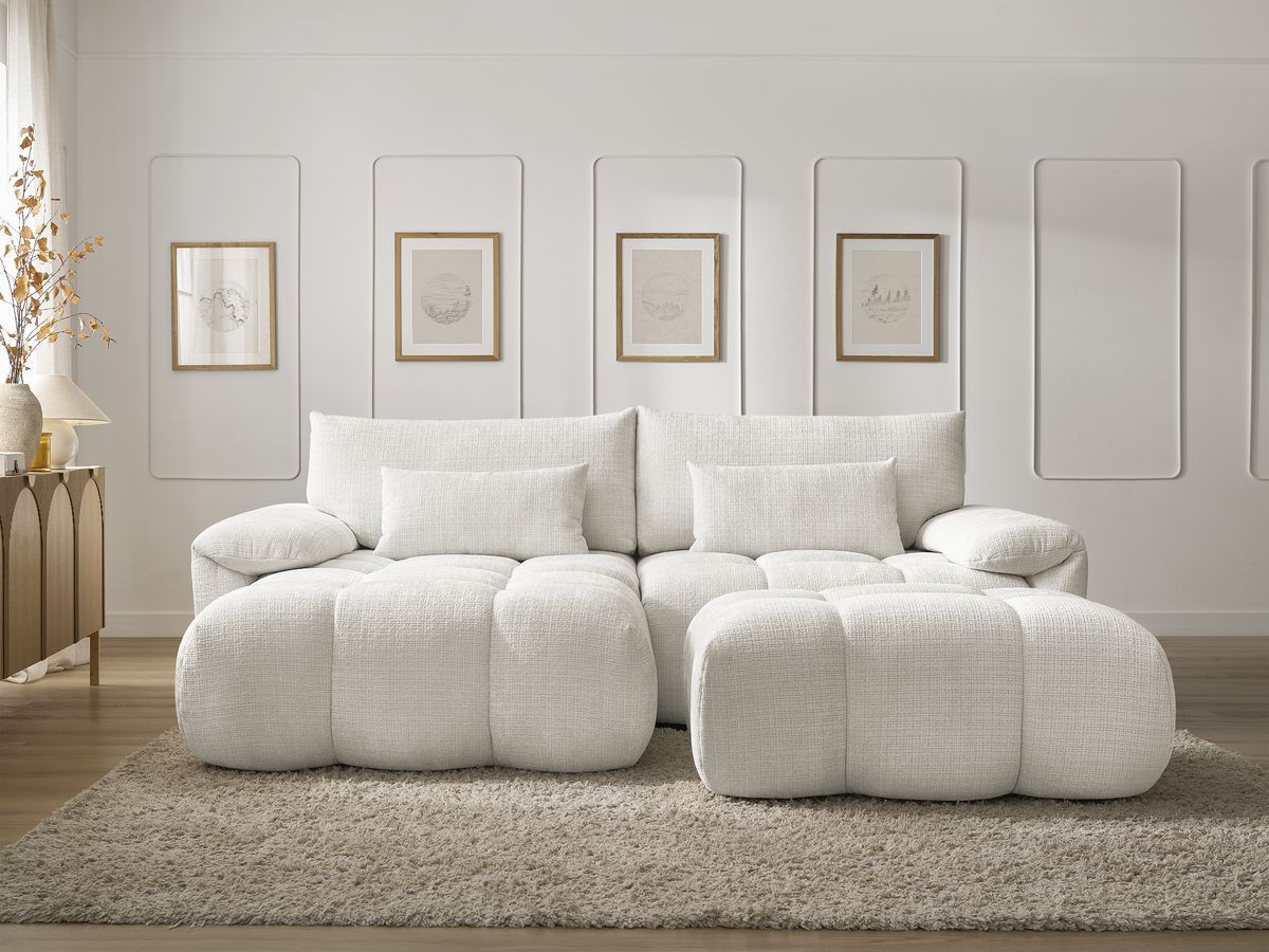 Canapé d'angle fixe IVANE tissu texturé avec pouf blanc angle gauche BOBOCHIC 4 places - Vue supplémentaire 3