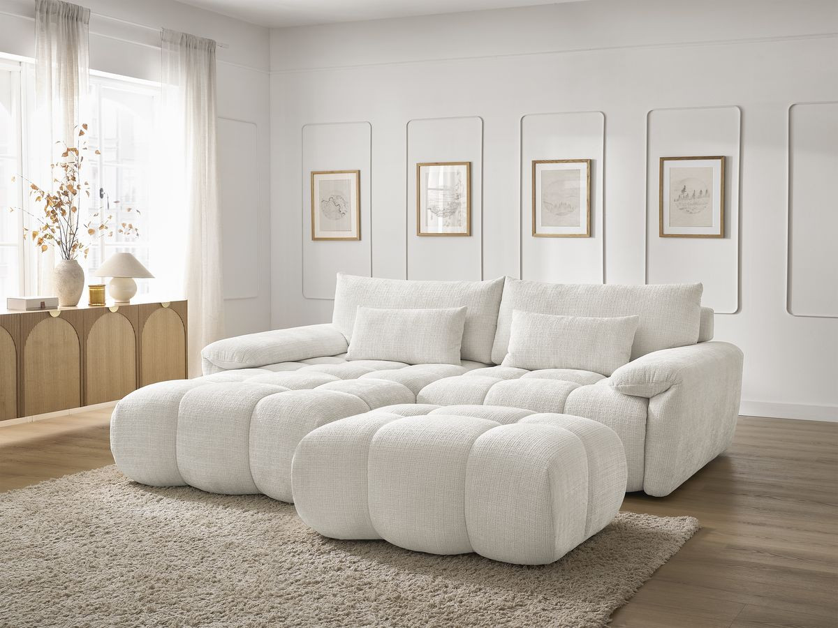 Canapé d'angle fixe IVANE tissu texturé avec pouf
