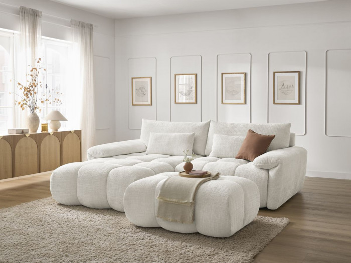Canapé d'angle fixe IVANE tissu texturé avec pouf