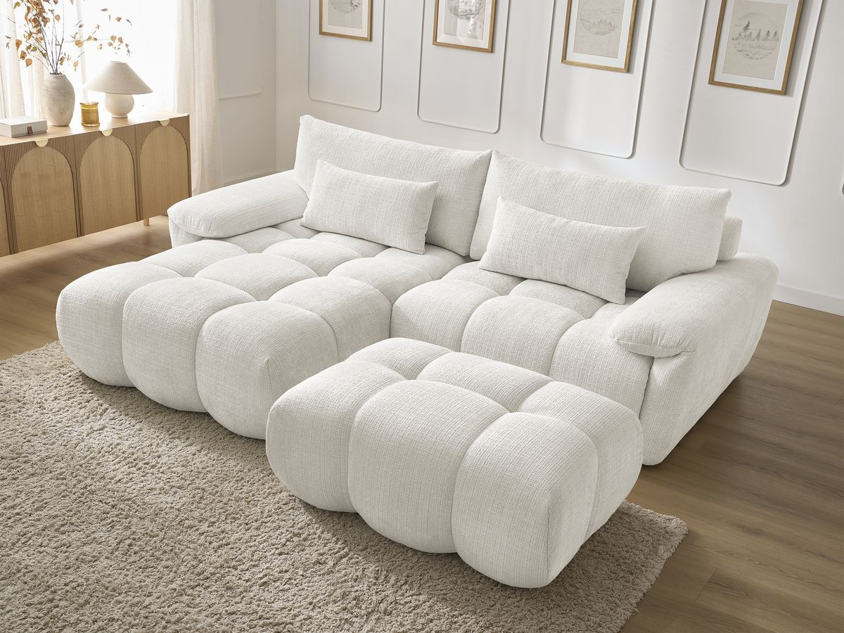 Canapé d'angle fixe IVANE tissu texturé avec pouf