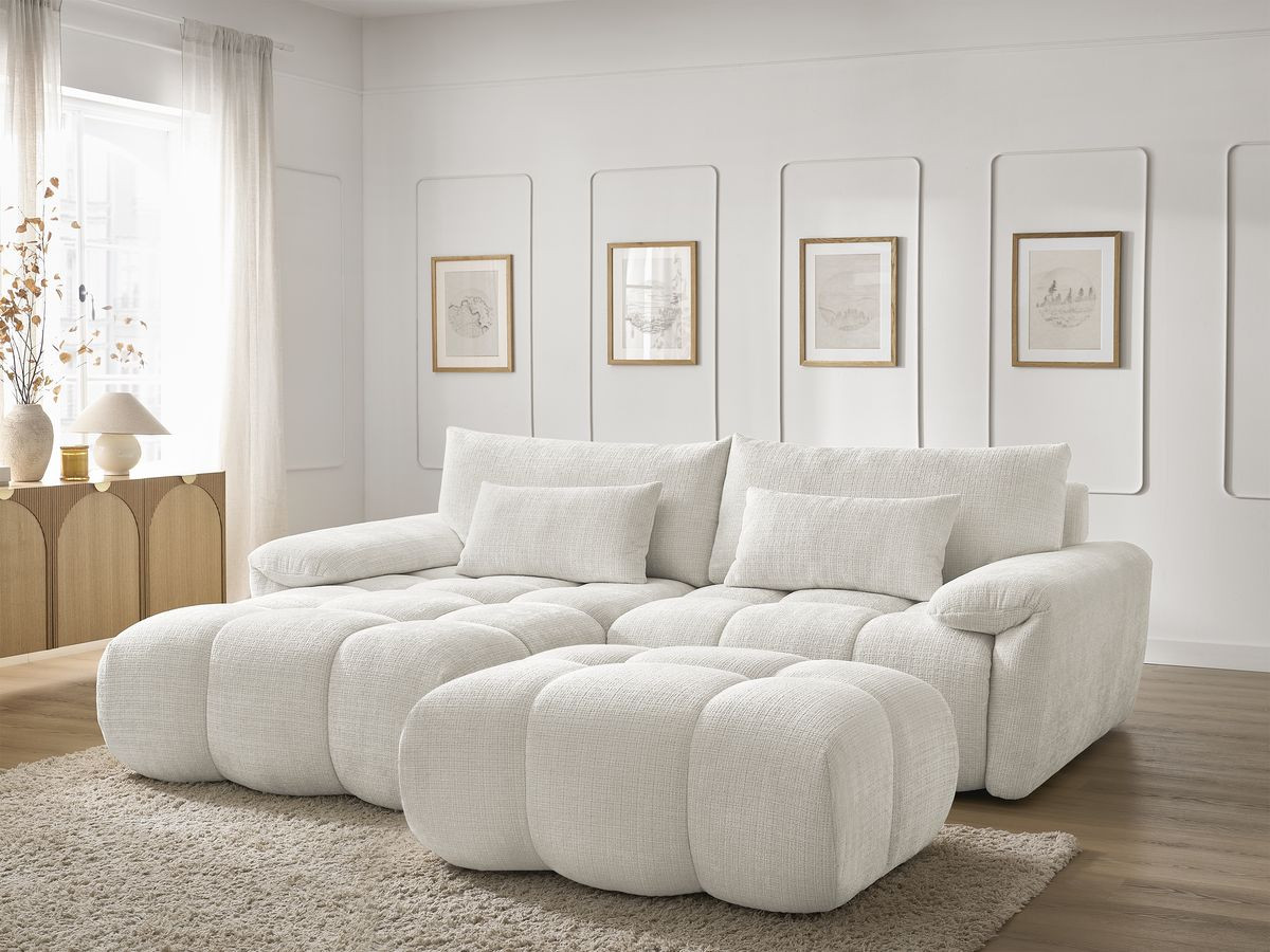 Canapé d'angle fixe IVANE tissu texturé avec pouf