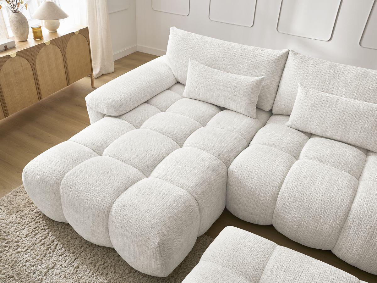 Canapé d'angle fixe IVANE tissu texturé avec pouf