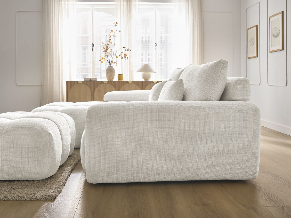 Canapé d'angle fixe IVANE tissu texturé avec pouf