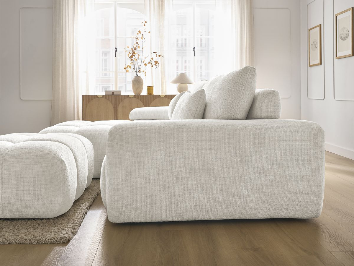 Canapé d'angle fixe IVANE tissu texturé avec pouf