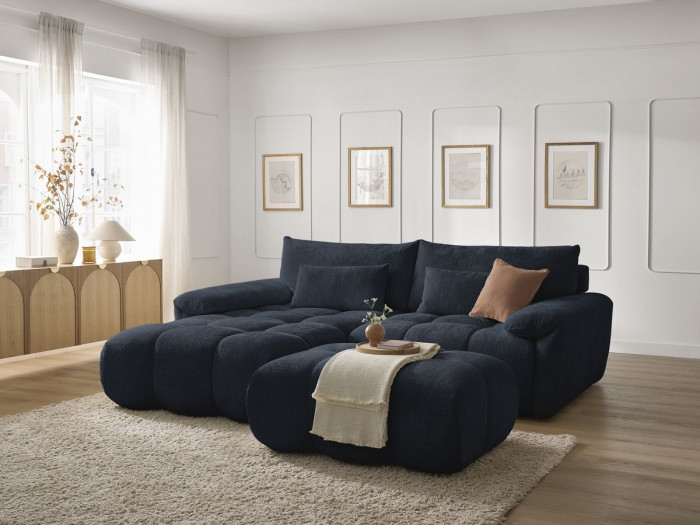 Canapé d'angle fixe IVANE tissu texturé avec pouf