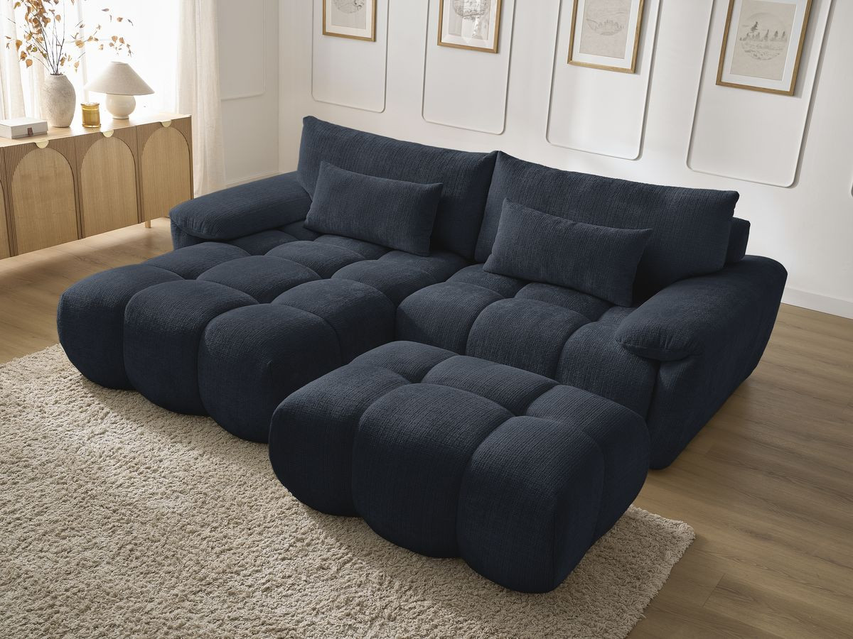 Canapé d'angle fixe IVANE tissu texturé avec pouf