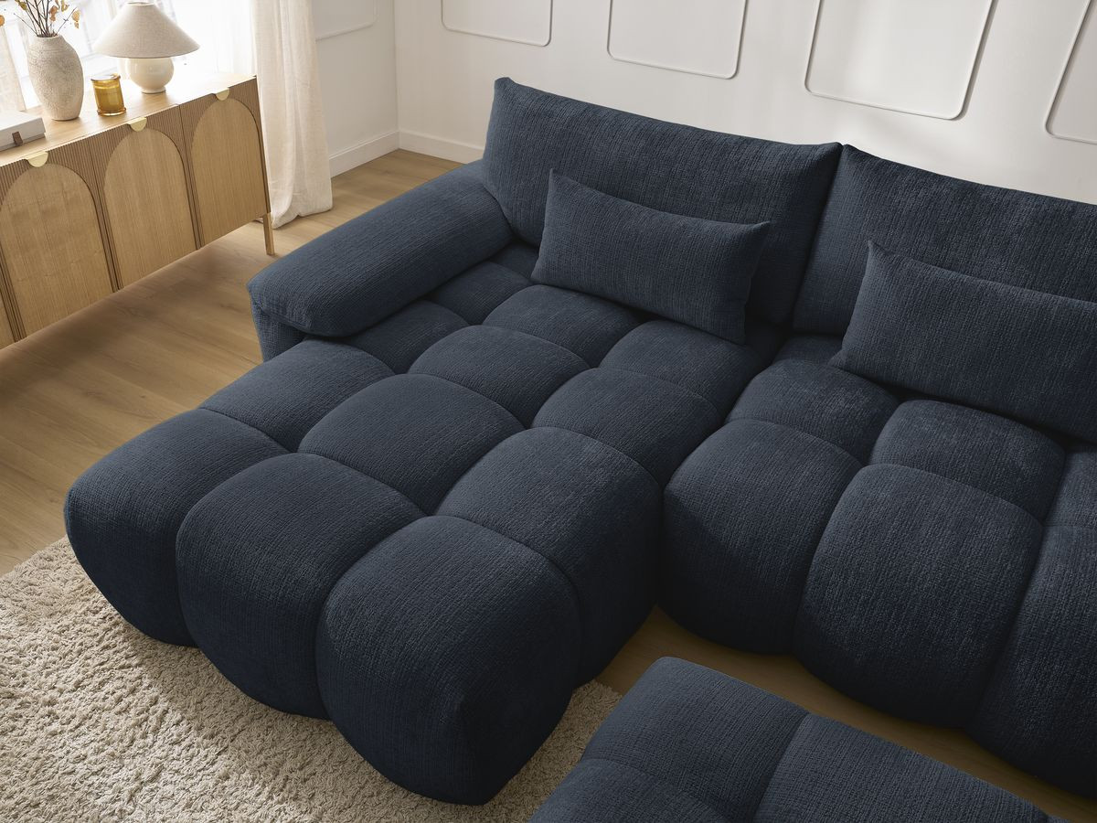 Canapé d'angle fixe IVANE tissu texturé avec pouf