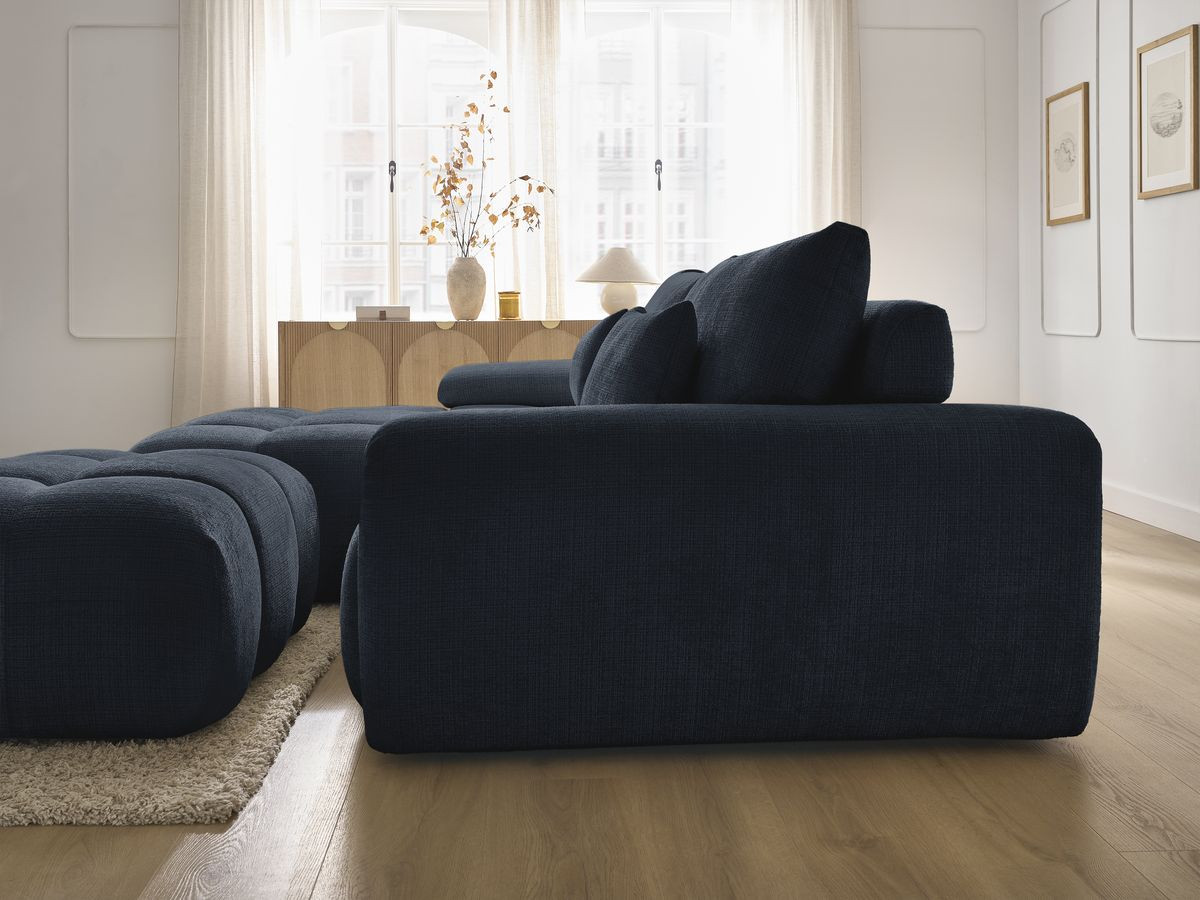 Canapé d'angle fixe IVANE tissu texturé avec pouf