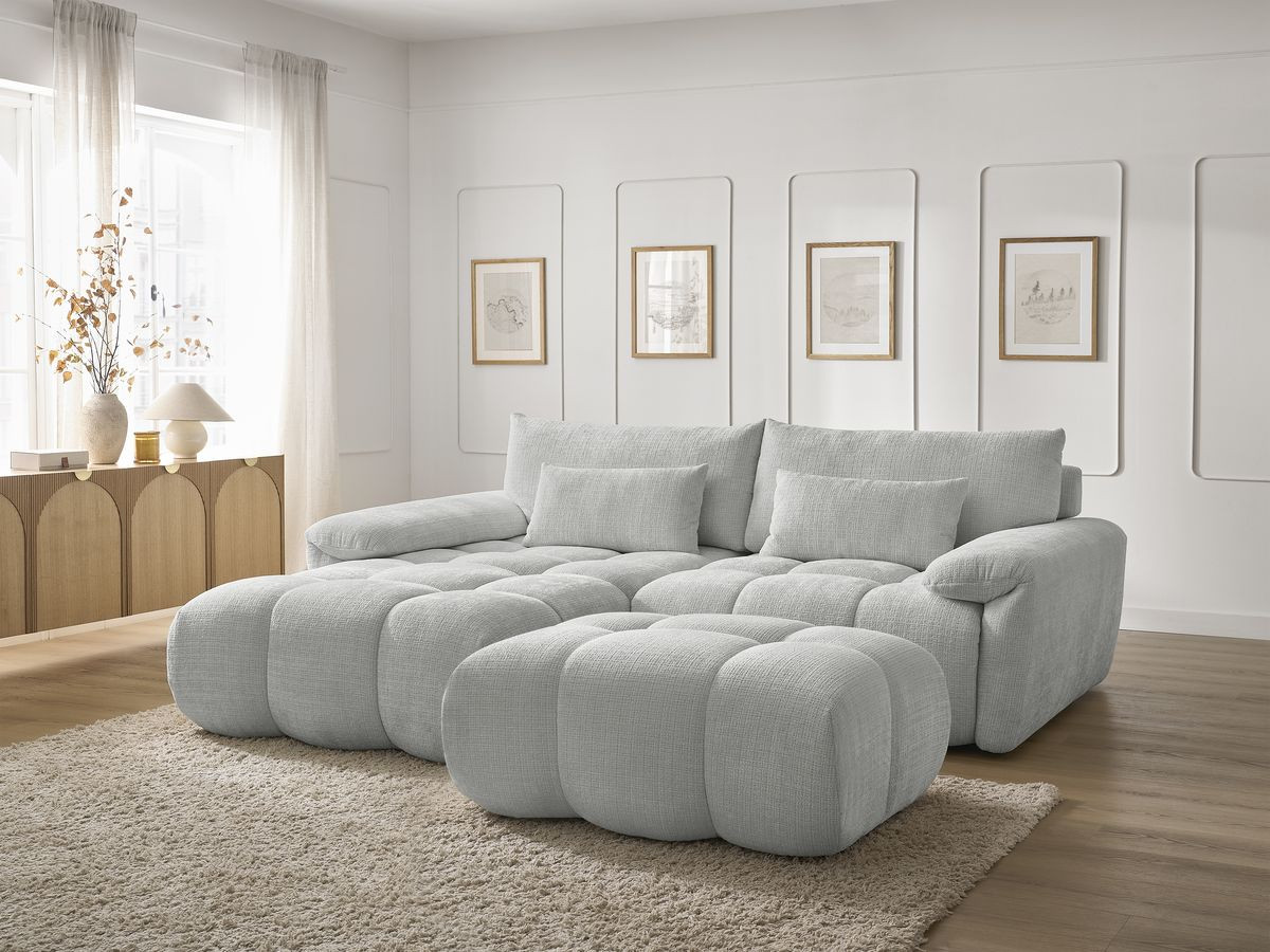 Canapé d'angle fixe IVANE tissu texturé avec pouf