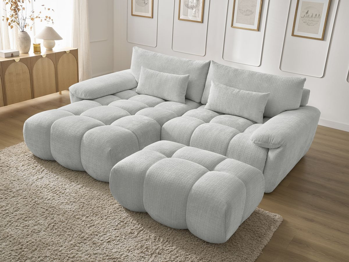 Canapé d'angle fixe IVANE tissu texturé avec pouf