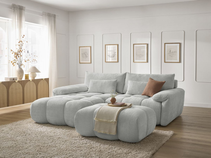 Canapé d'angle fixe IVANE tissu texturé avec pouf