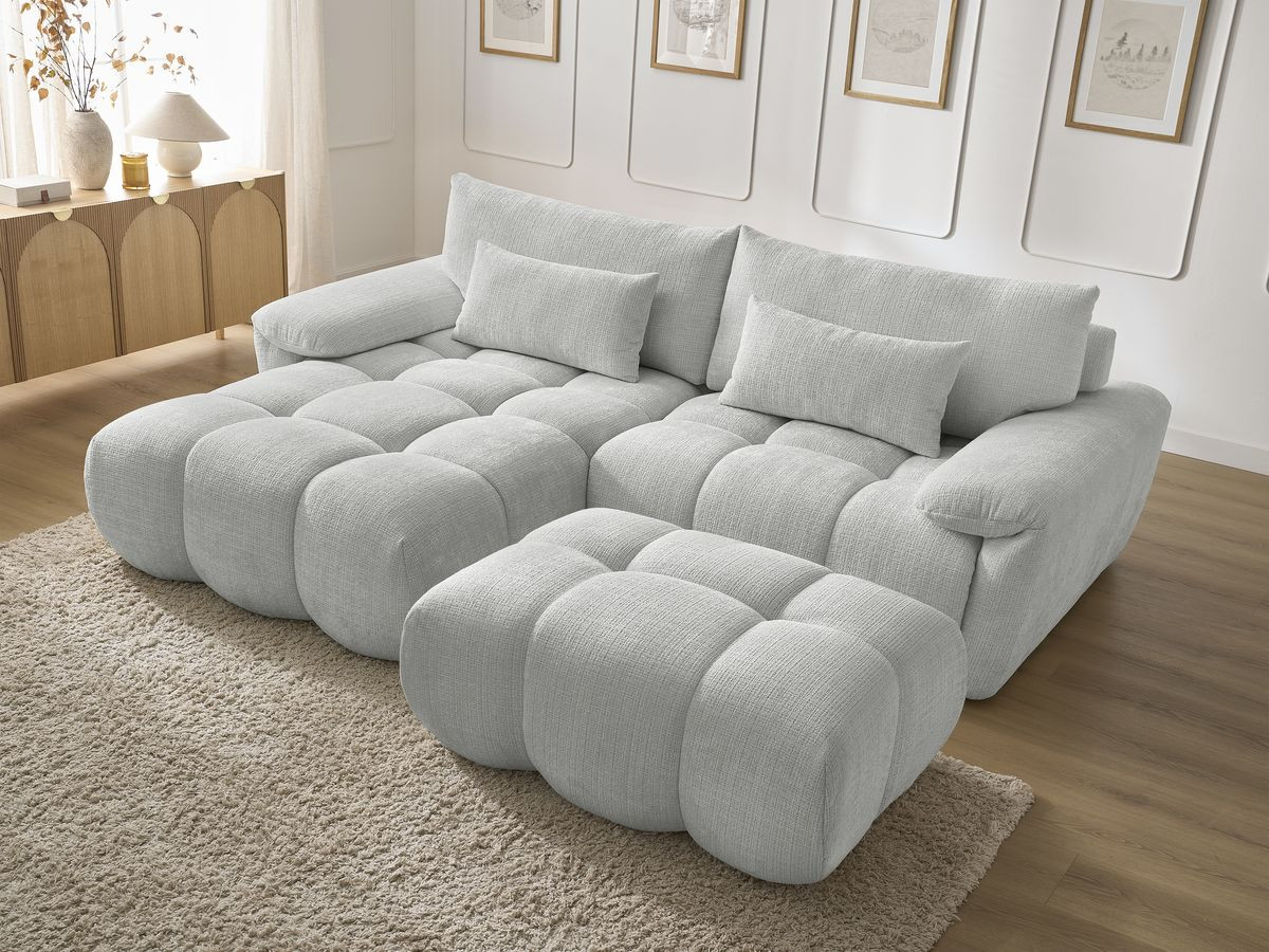 Canapé d'angle fixe IVANE tissu texturé avec pouf