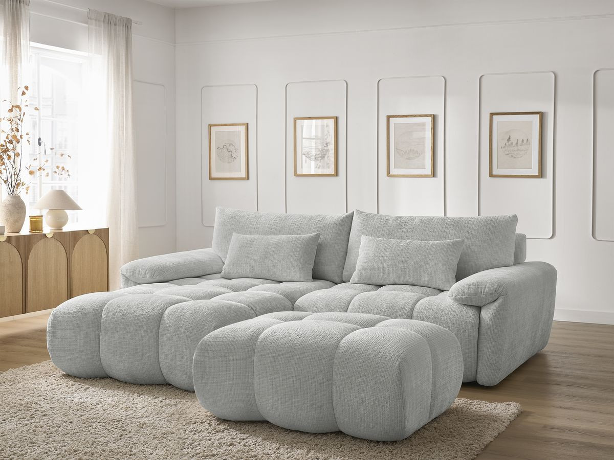 Canapé d'angle fixe IVANE tissu texturé avec pouf
