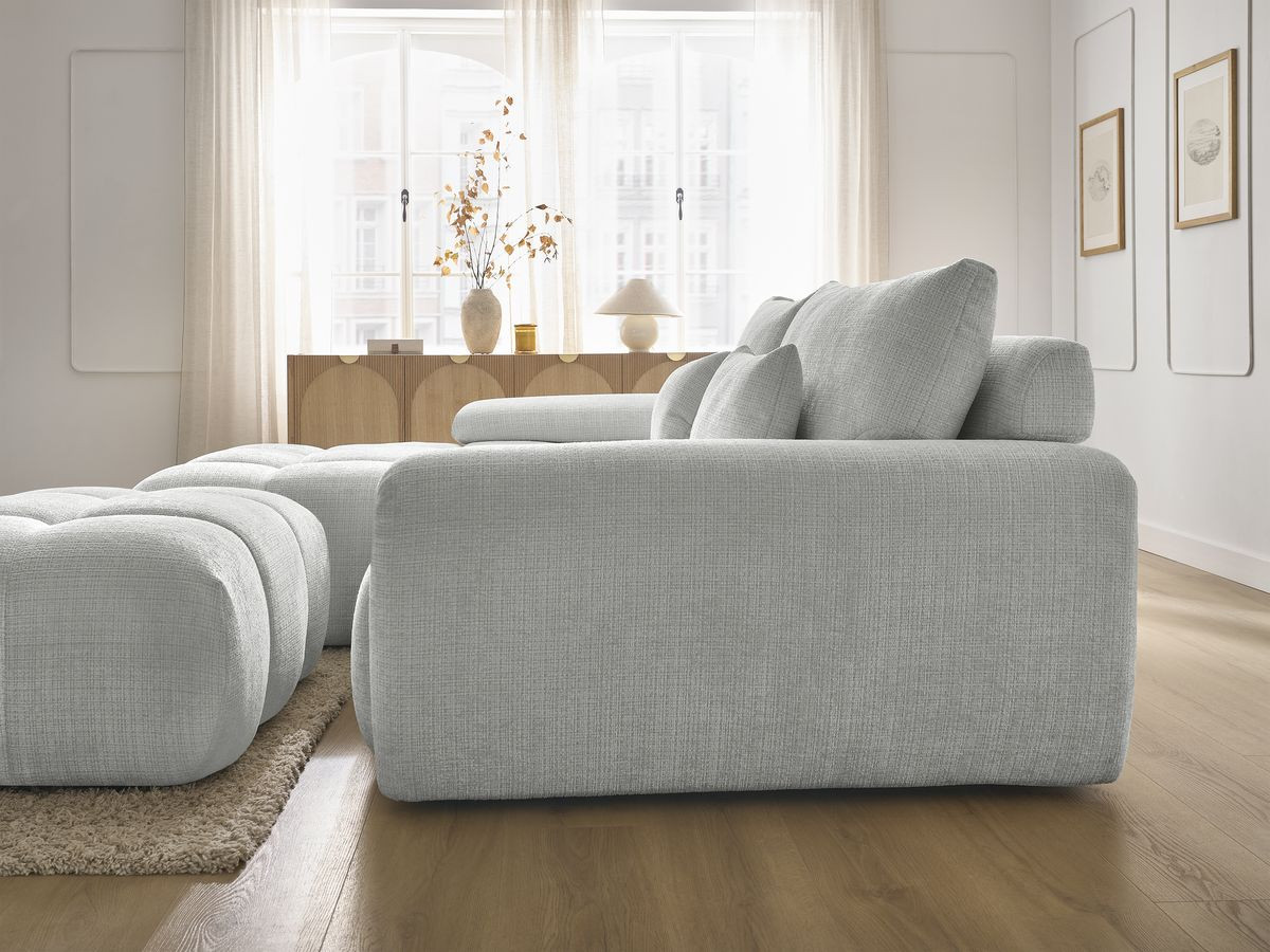 Canapé d'angle fixe IVANE tissu texturé avec pouf