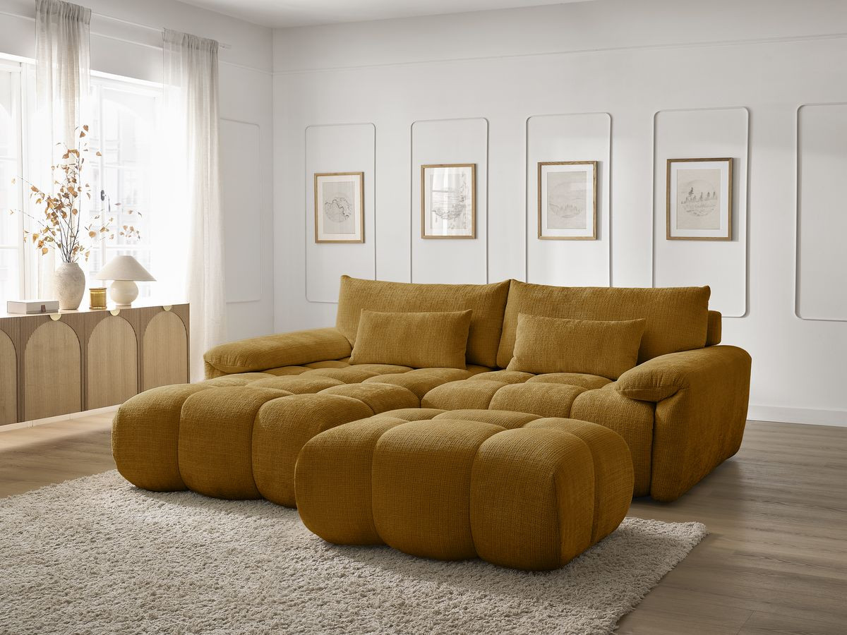 Canapé d'angle fixe IVANE tissu texturé avec pouf