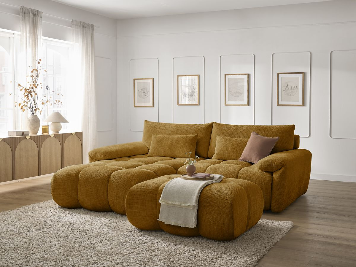 Canapé d'angle fixe IVANE tissu texturé avec pouf
