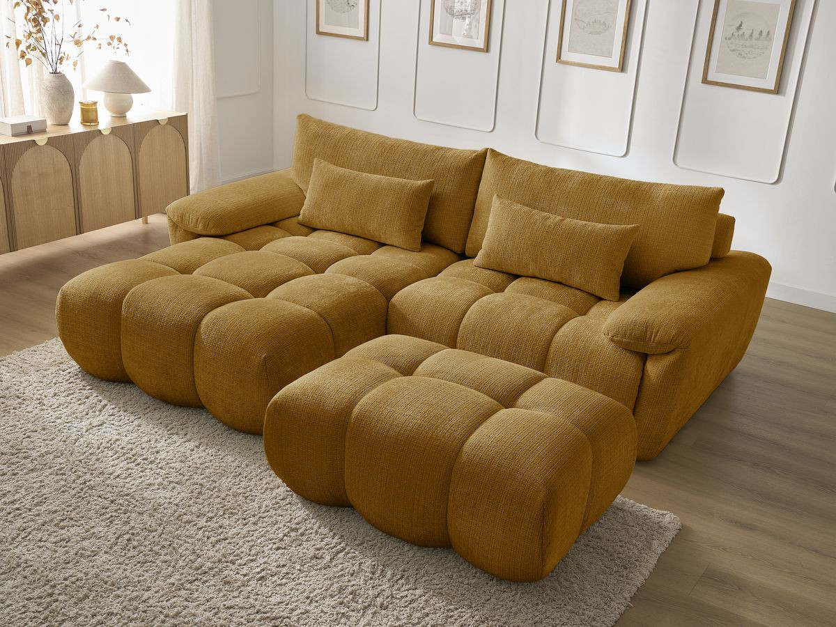 Canapé d'angle fixe IVANE tissu texturé avec pouf