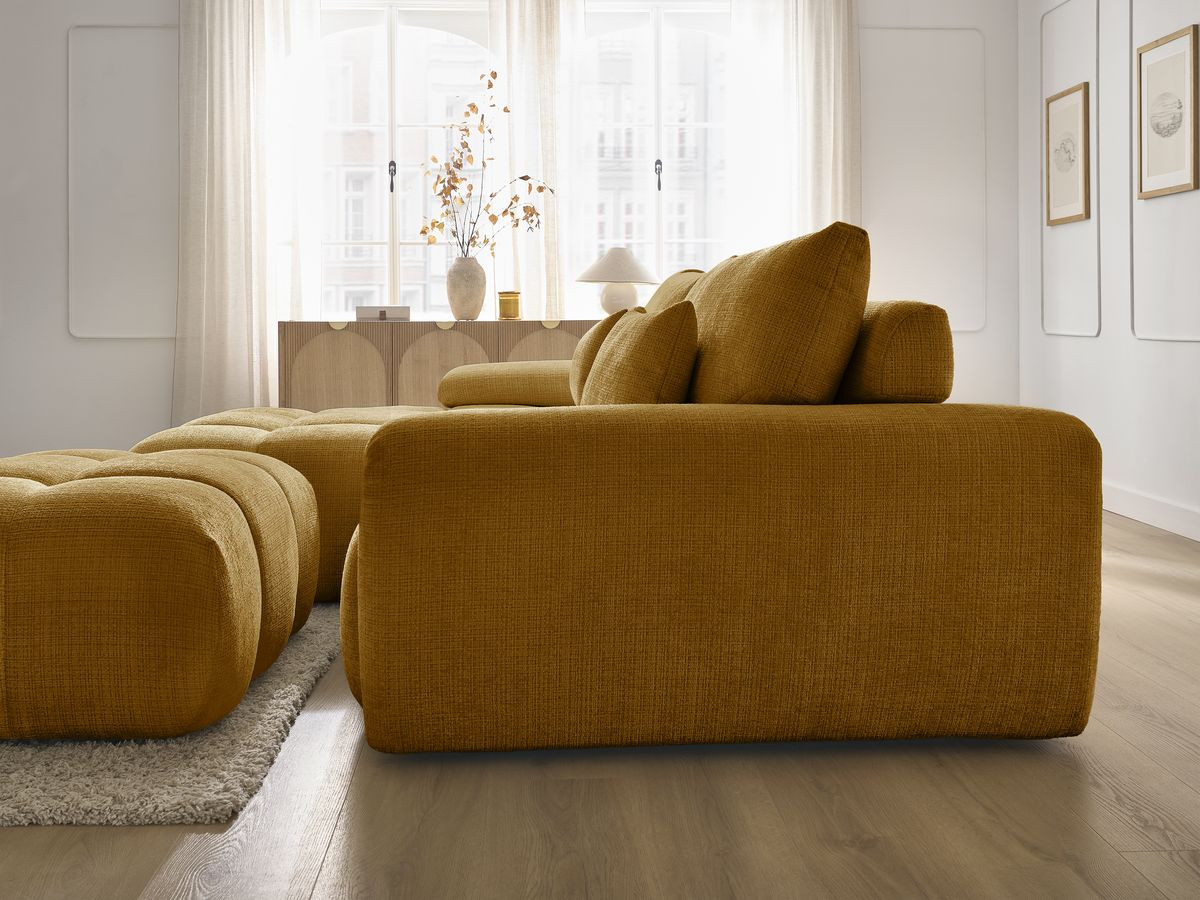 Canapé d'angle fixe IVANE tissu texturé avec pouf