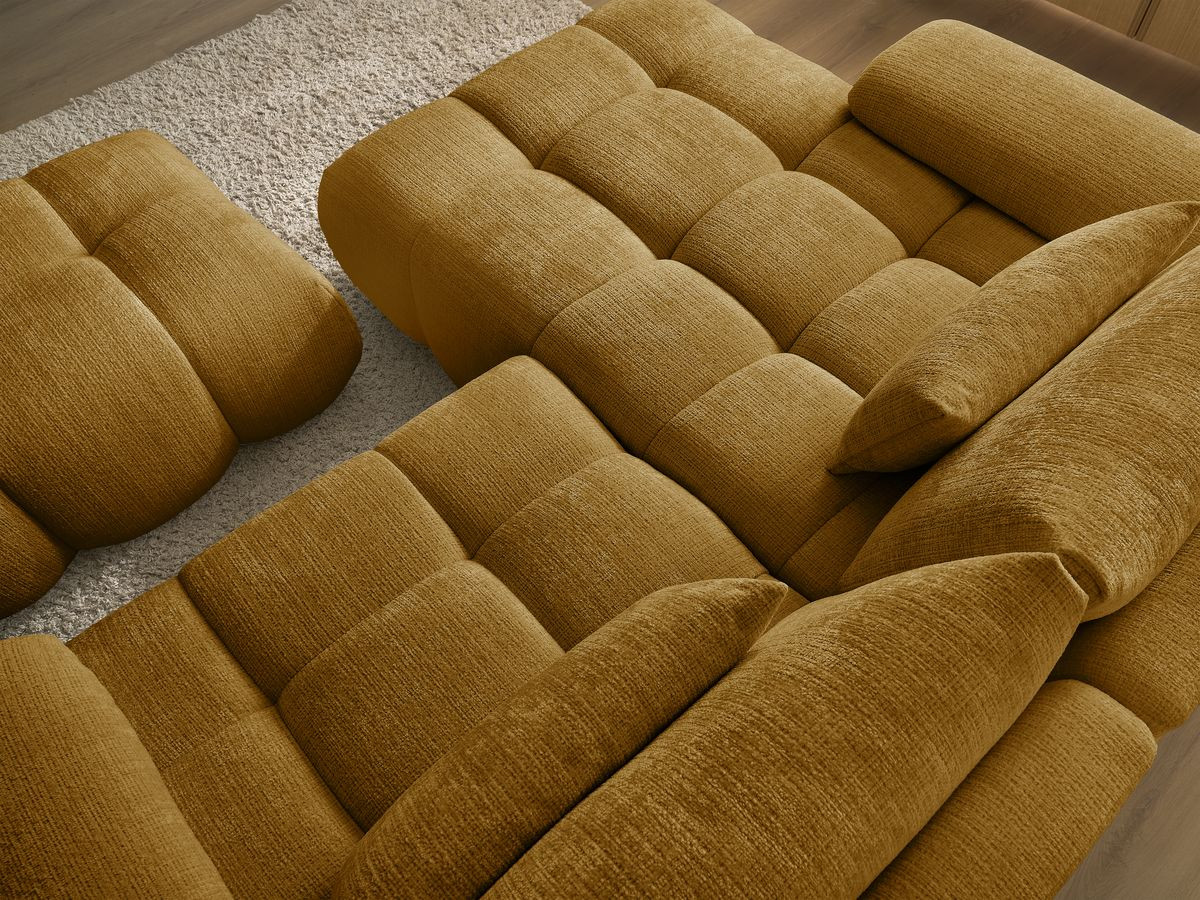 Canapé d'angle fixe IVANE tissu texturé avec pouf