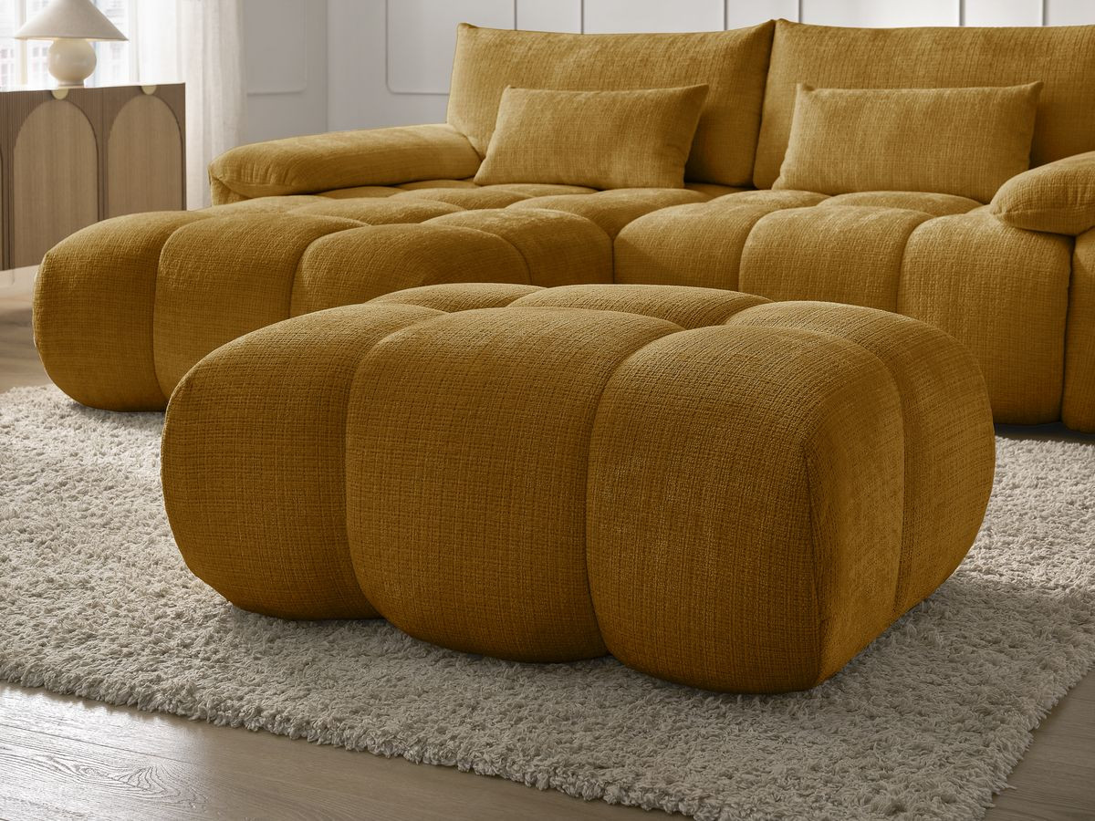 Canapé d'angle fixe IVANE tissu texturé avec pouf