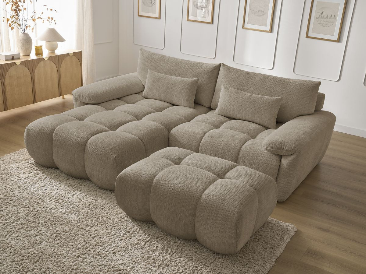 Canapé d'angle fixe IVANE tissu texturé avec pouf